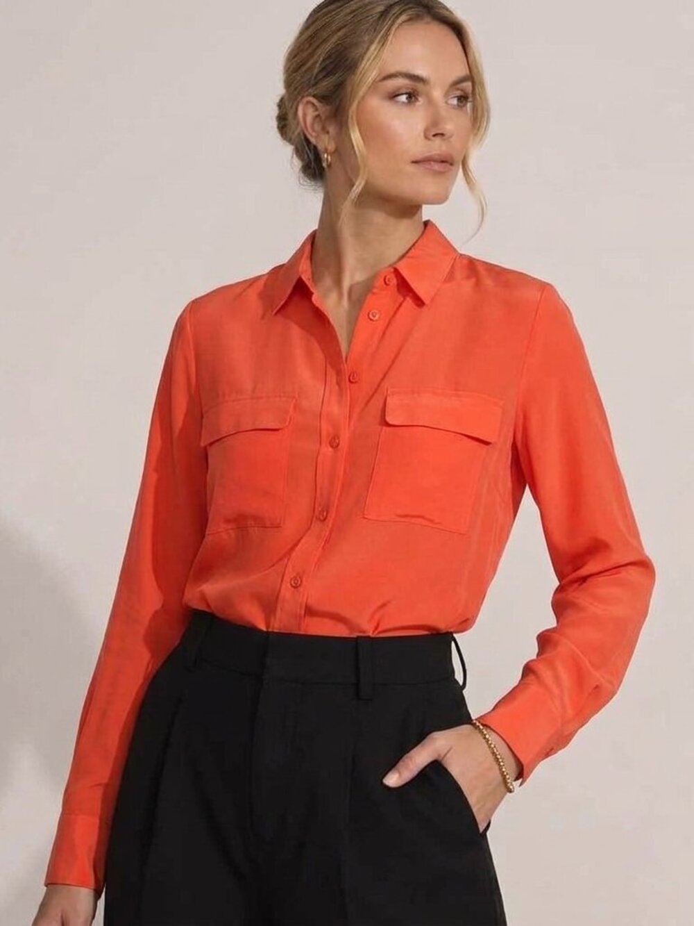 Aritzia Babaton Silk Button Down Shirt Blouse Size L Orange